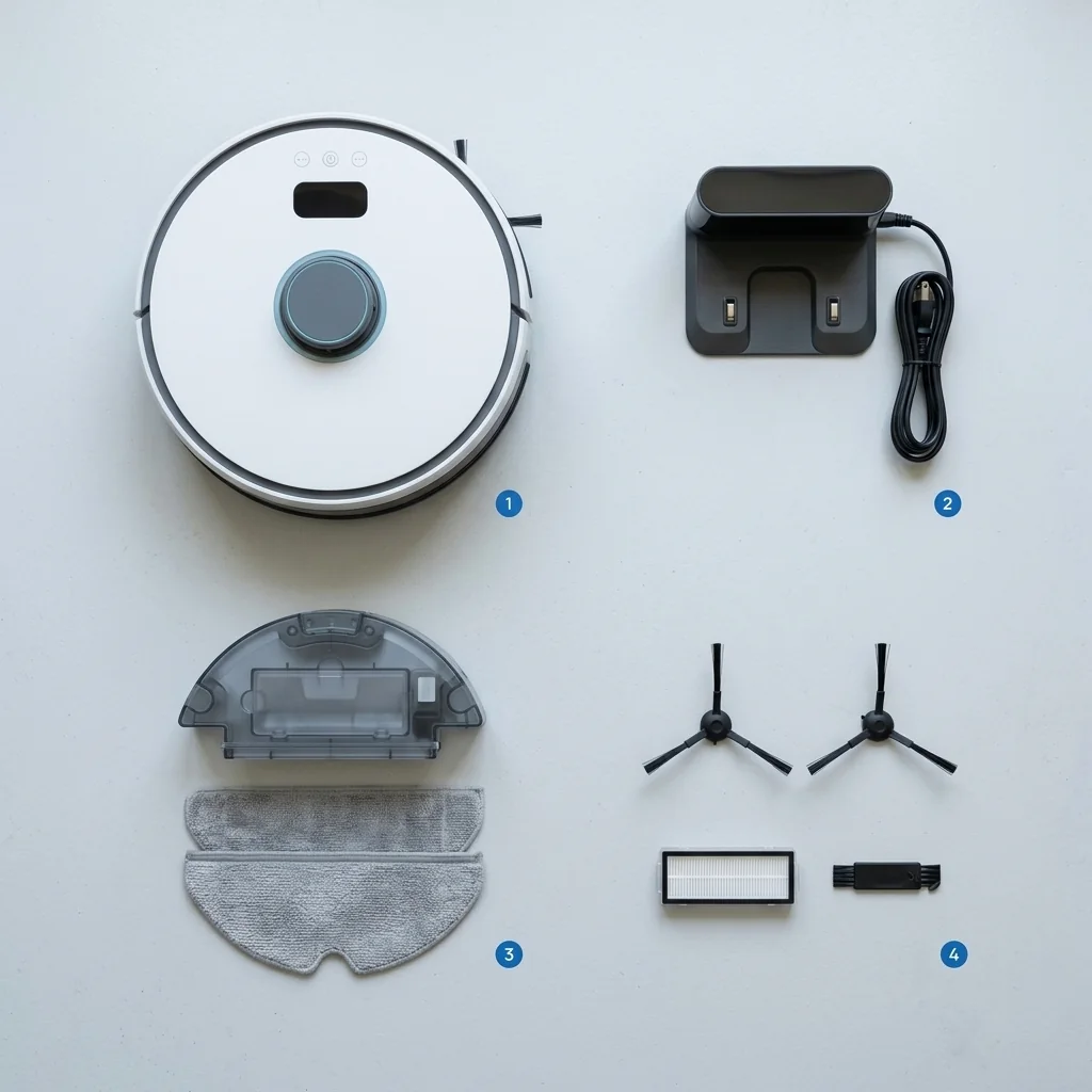 Setul numerotat Aspirator robot PRO: 1 robot, 2 stație de încărcare, 3 modul de mop, 4 piese de schimb