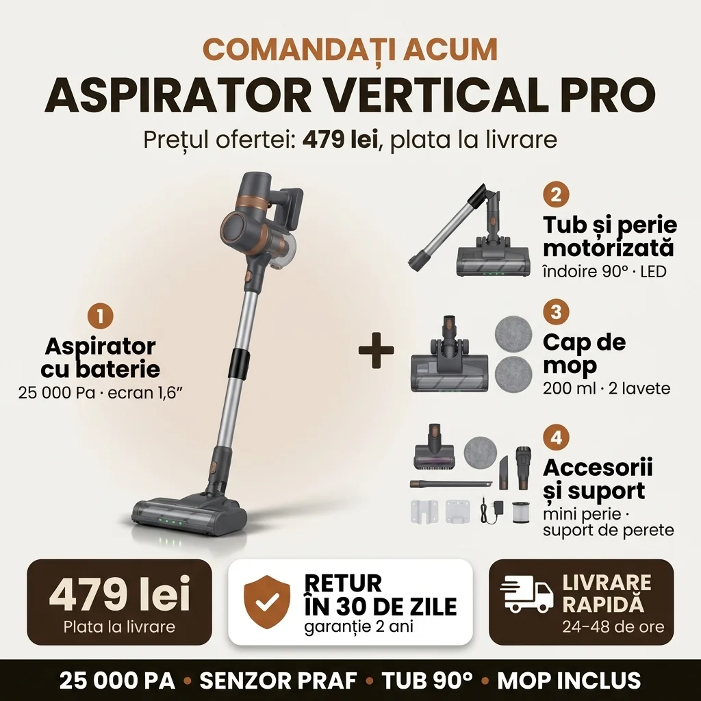 Oferta Aspirator vertical PRO: set de 11 piese, 479 lei, plata la livrare, retur în 30 de zile, livrare în 24–48 de ore
