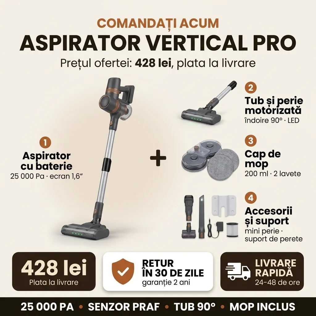 Oferta Aspirator vertical PRO: set de 11 piese, 428 lei, plata la livrare, retur în 30 de zile, livrare în 24–48 de ore