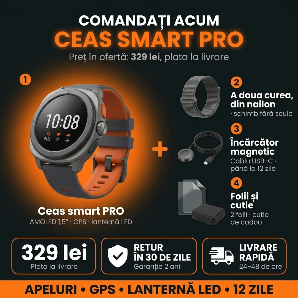 Oferta Ceas smart PRO: ceas, a doua curea, încărcător și cutie de cadou, 329 lei, plata la livrare