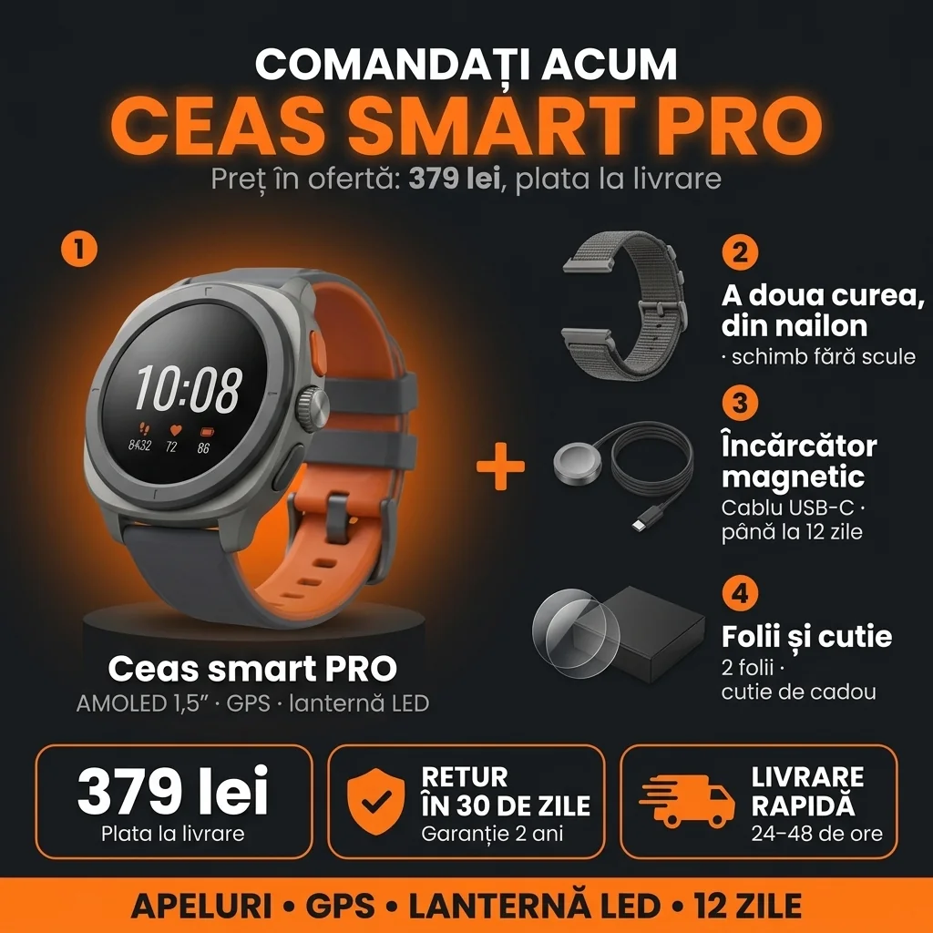 Oferta Ceas smart PRO: ceas, a doua curea, încărcător și cutie de cadou, 379 lei, plata la livrare