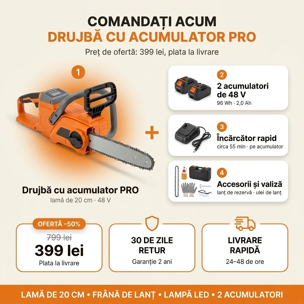 Oferta Drujbă cu acumulator PRO: drujbă, doi acumulatori, încărcător rapid, accesorii și valiză, 399 lei în loc de 799 lei, plata la livrare