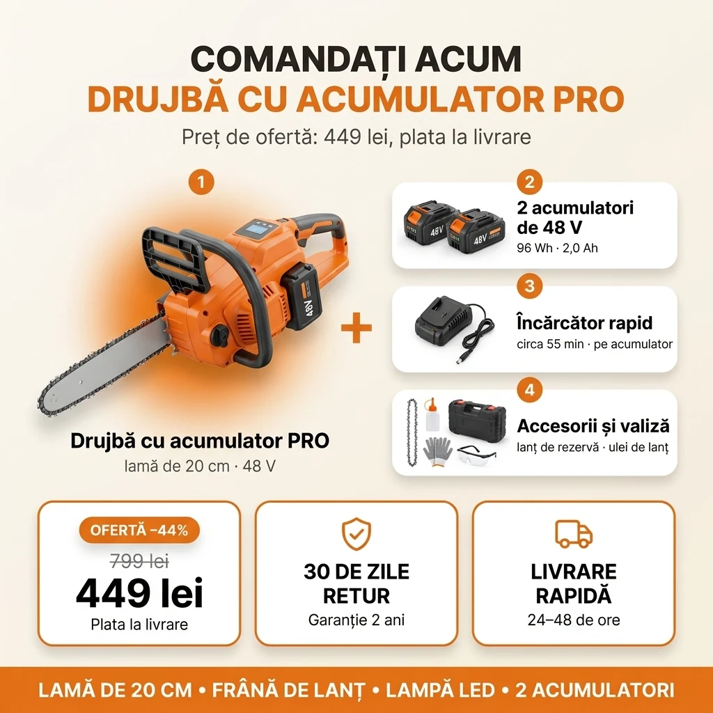 Oferta Drujbă cu acumulator PRO: drujbă, doi acumulatori, încărcător rapid, accesorii și valiză, 449 lei în loc de 799 lei, plata la livrare