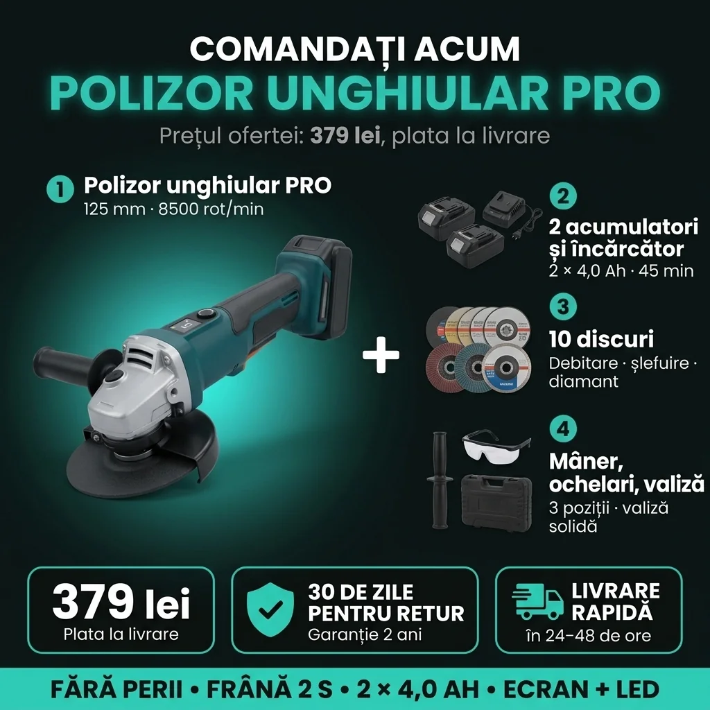 Oferta Polizor unghiular PRO: set în 4 poziții, 379 lei, plata la livrare, retur în 30 de zile, livrare în 24–48 de ore