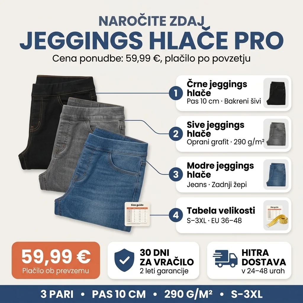 Ponudba jeggings hlač PRO: 3 pari, črne, sive in modre, plačilo ob prevzemu