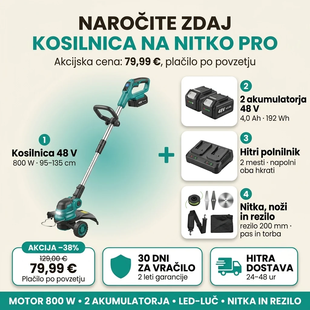 Ponudba za kosilnico na nitko PRO: kosilnica 48 V, dva akumulatorja, polnilnik, nitka, noži in rezilo, 79,99 € namesto 129,00 €, plačilo po povzetju