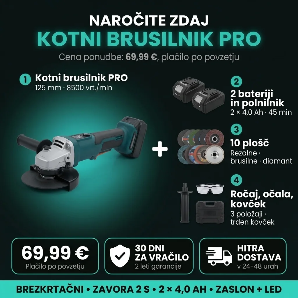 Ponudba Kotni brusilnik PRO: komplet v 4 postavkah, 69,99 €, plačilo po povzetju, 30 dni za vračilo, dostava v 24–48 urah