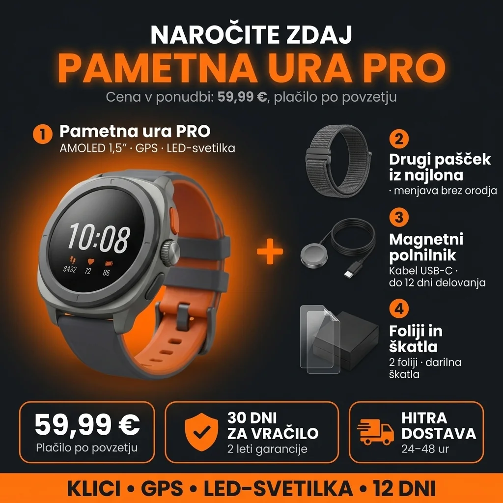 Ponudba Pametna ura PRO: ura, drugi pašček, polnilnik in darilna škatla, 59,99 €, plačilo po povzetju