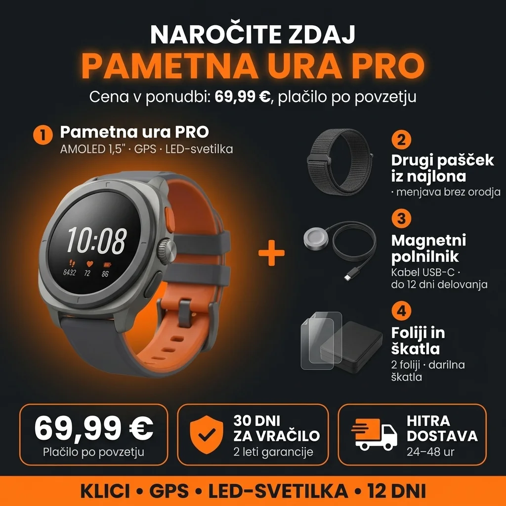 Ponudba Pametna ura PRO: ura, drugi pašček, polnilnik in darilna škatla, 69,99 €, plačilo po povzetju