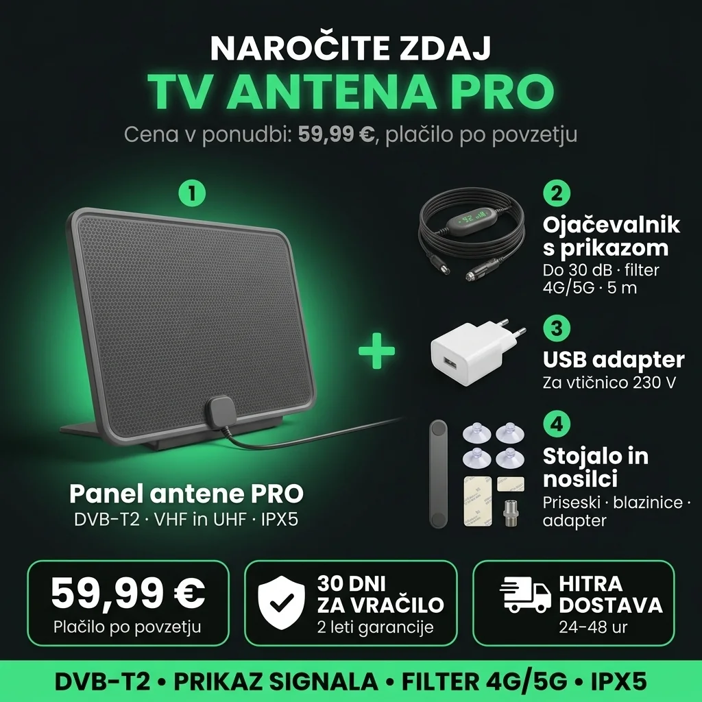 Ponudba TV antena PRO: panel, ojačevalnik s prikazom in komplet za montažo, 59,99 €, plačilo po povzetju