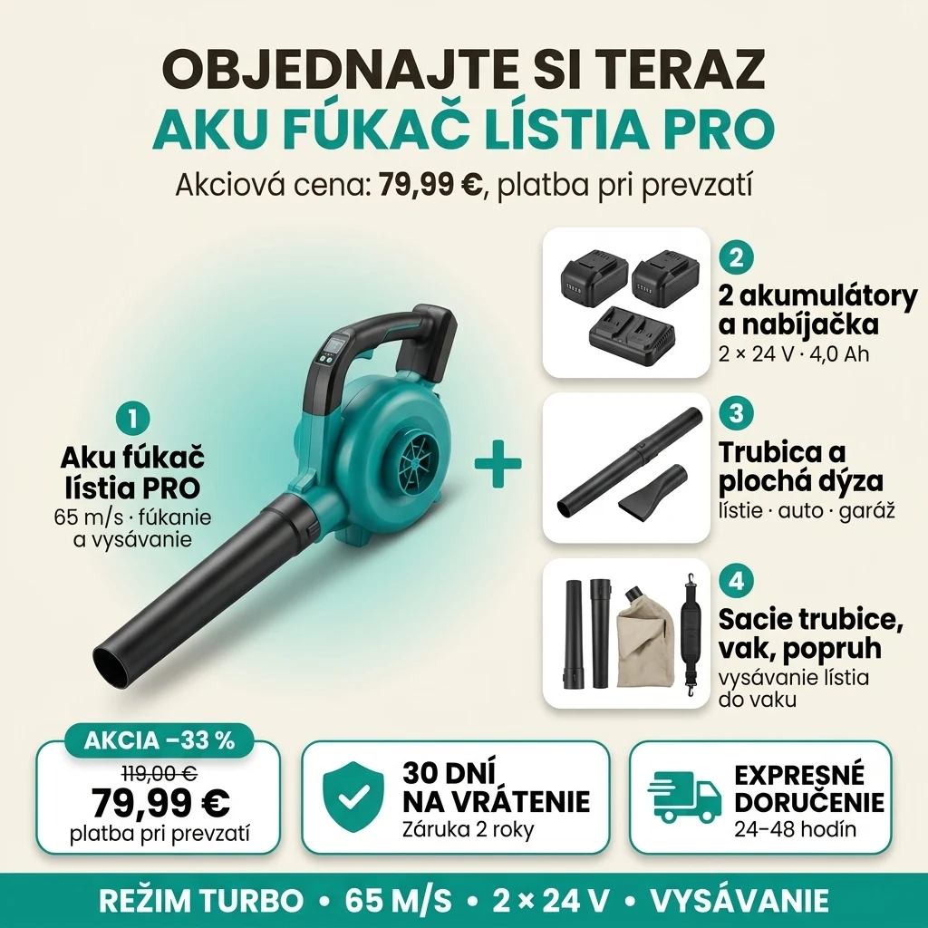 Ponuka Aku fúkač lístia PRO: sada 8 dielov s dvoma akumulátormi, 79,99 € namiesto 119,00 €, platba pri prevzatí