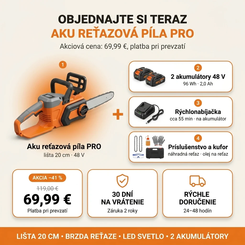 Ponuka Aku reťazová píla PRO: píla, dva akumulátory, rýchlonabíjačka, príslušenstvo a kufor, 69,99 € namiesto 119,00 €, platba pri prevzatí