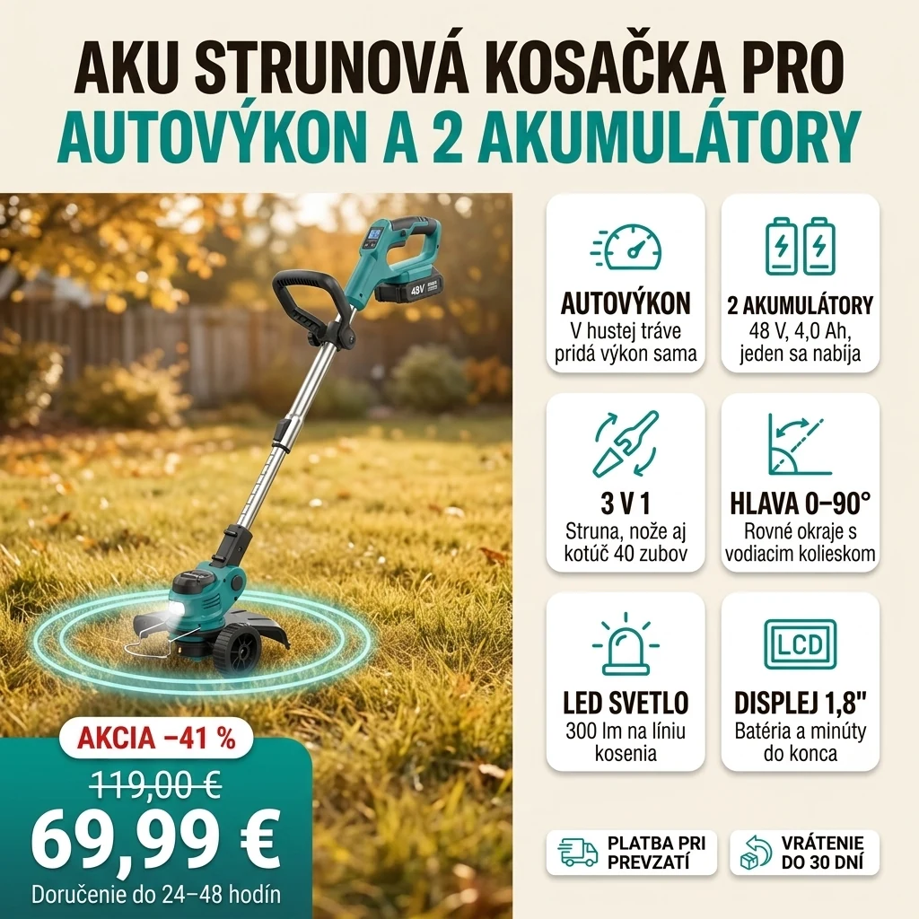 Aku strunová kosačka PRO s dvoma akumulátormi, displejom a LED svetlom na kartách hlavných vlastností