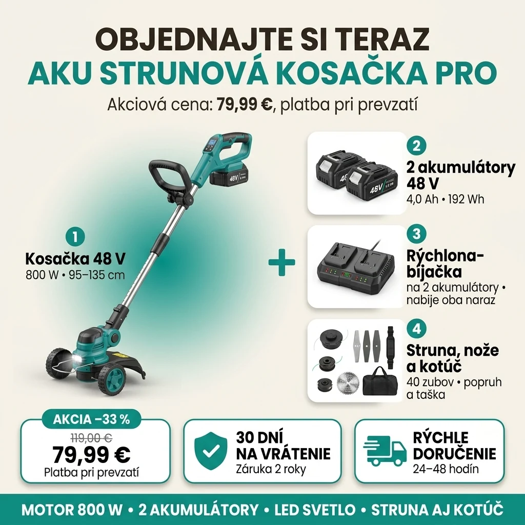 Ponuka Aku strunová kosačka PRO: kosačka 48 V, dva akumulátory, nabíjačka, struna, nože a kotúč, 79,99 € namiesto 119,00 €, platba pri prevzatí