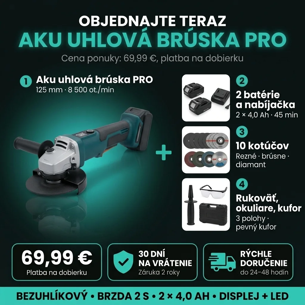 Ponuka Aku uhlová brúska PRO: sada v 4 položkách, 69,99 €, dobierka, vrátenie do 30 dní, doručenie do 24–48 hodín