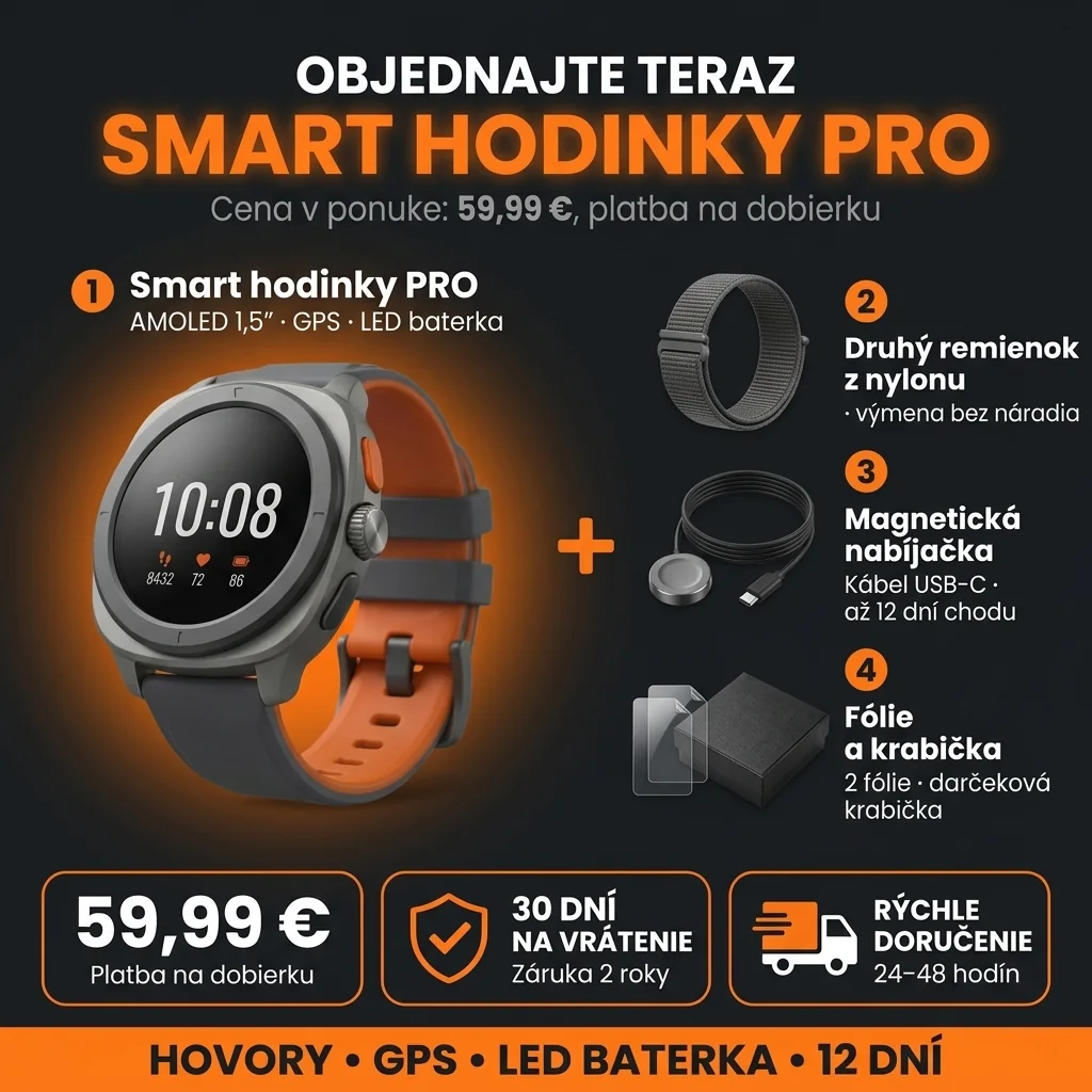 Ponuka Smart hodinky PRO: hodinky, druhý remienok, nabíjačka a krabička, 59,99 €, platba na dobierku