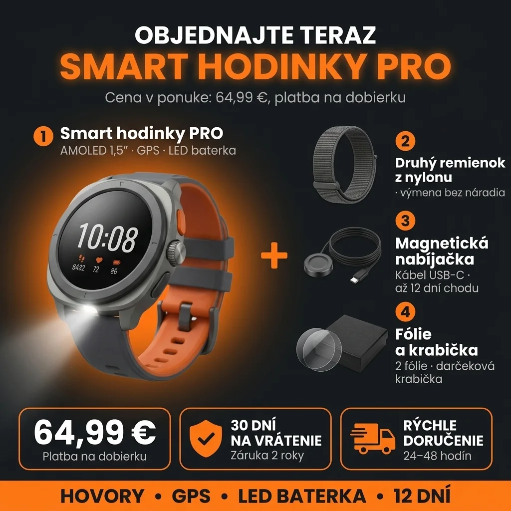 Ponuka Smart hodinky PRO: hodinky, druhý remienok, nabíjačka a krabička, 64,99 €, platba na dobierku