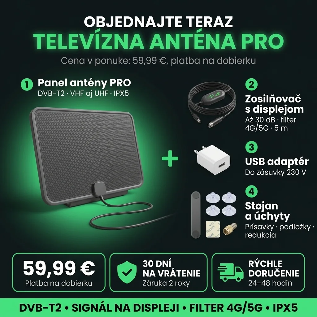 Ponuka Televízna anténa PRO: panel, zosilňovač s displejom a sada na montáž, 59,99 €, platba na dobierku